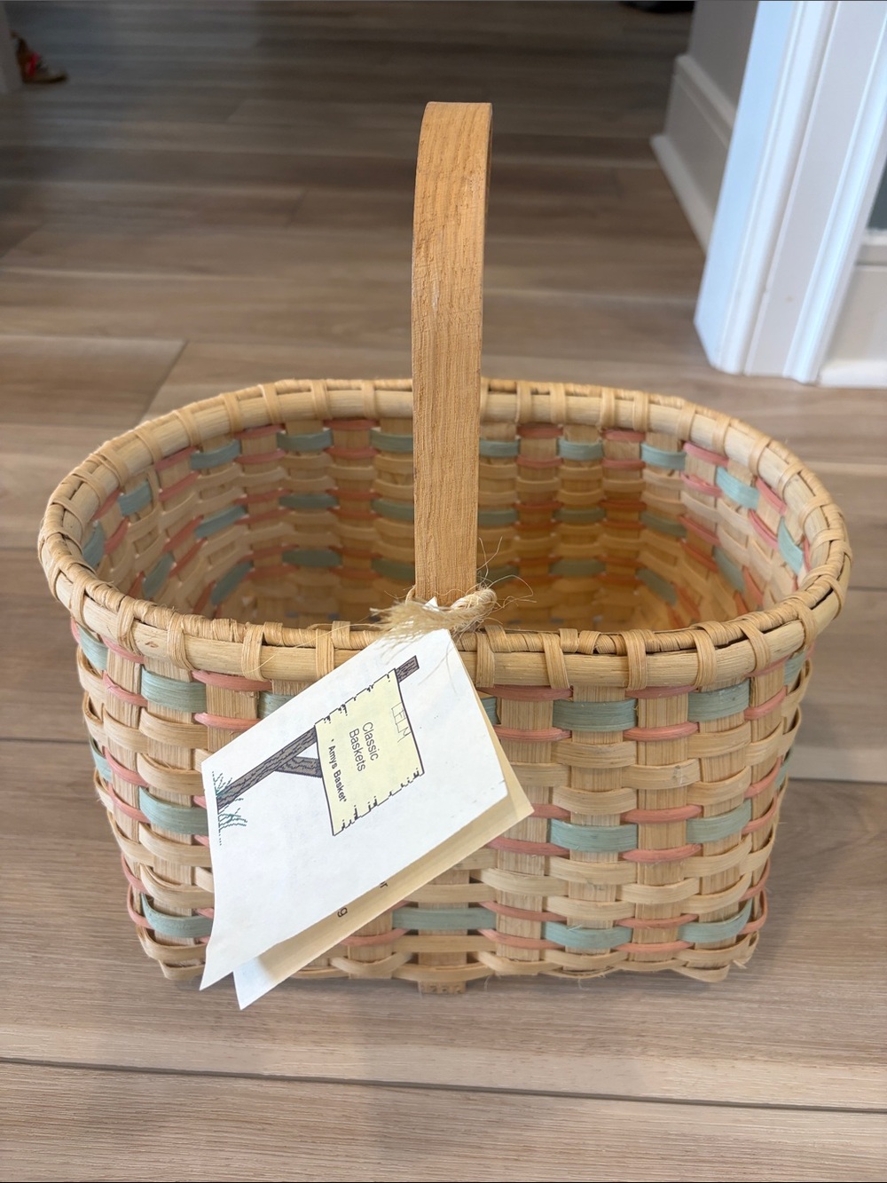 Vintage Woven Pastel Accent Handled Basket - Natural, Pink & Blue